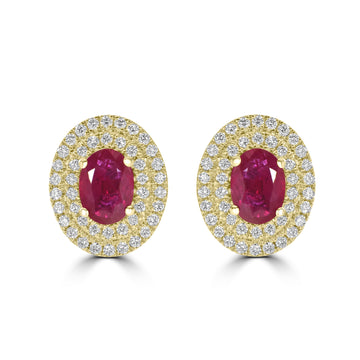 1.56ct Ruby Earrings with 0.48tct Diamond set in 14K Yellow Gold