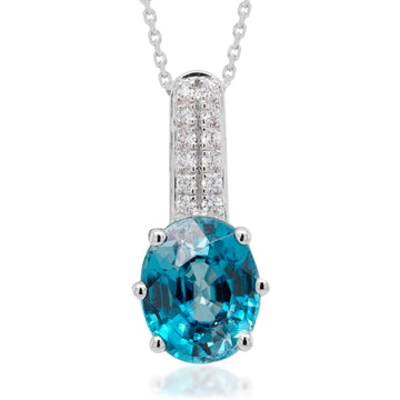 3.70ct Blue Zircon Pendant With 0.11tct Diamonds Set In 14kt White Gold