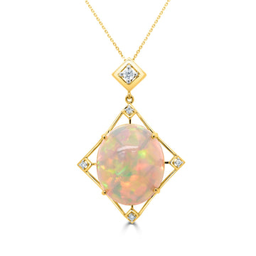 18.50Ct Opal Pendant With 0.18Tct Diamonds Set In 14K Yellow Gold