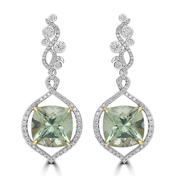 12.2tct Prasiolite Earrings with 1.2tct Diamond set in 18K Two Tone Gold