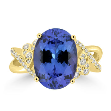 6.04ct Tanzanite Rings with 0.29tct Diamond set in 18K Yellow Gold