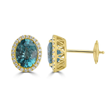 5.5ct Blue Zircon Earrings with 0.286tct Diamond set in 14K Yellow Gold