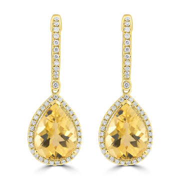 5.85ct Yellow Beryl Earrings with 0.406tct Diamond set in 18K Yellow Gold