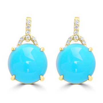 10.91ct Turquoise Earrings with 0.123tct Diamond set in 14K Yellow Gold