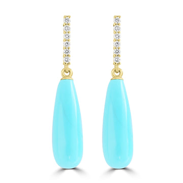 6.14ct Turquoise Earrings with 0.092tct Diamond set in 14K Yellow Gold