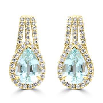 2.89ct Aquamarine Earrings with 0.598tct Diamond set in 14K Yellow Gold