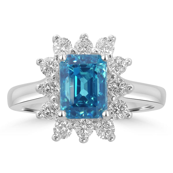 4.06ct Blue Zircon Rings with 0.71tct Diamond set in 14K White Gold