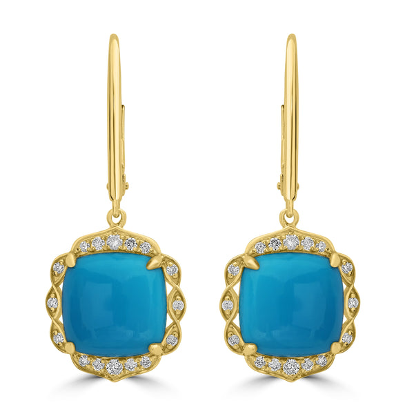 7.06ct Turquoise Earrings with 0.25tct Diamond set in 18K Yellow Gold