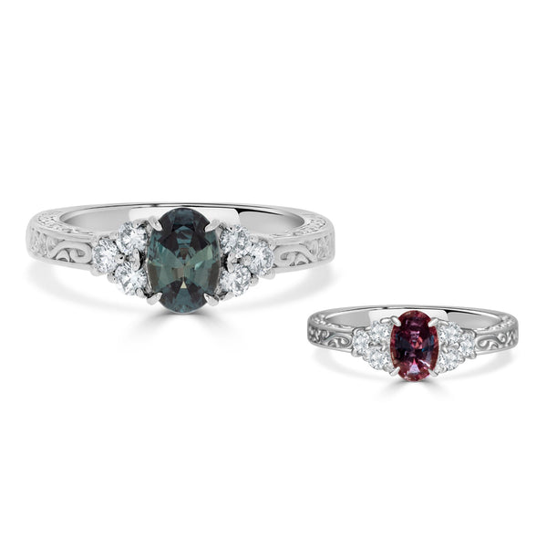 0.75ct Natural Alexandrite Rings with 0.24tct diamonds set in Platinum