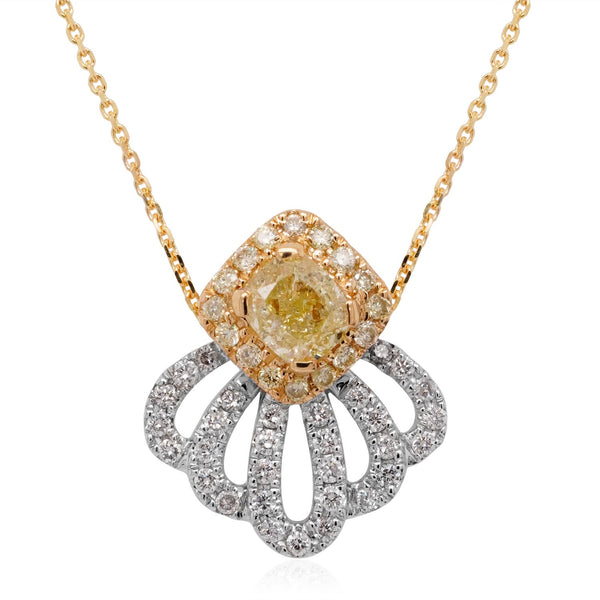 Cushion shaped 0.32ct yellow diamond with 0.23cttw 47 round diamonds in 18K two tone necklace