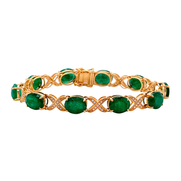 24.70 ct Emerald bracelet with 0.40 ct diamonds set in 14K yellow gold