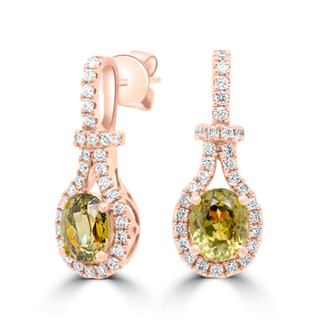 2.21Ct Demantoid Garnet Earrings With 0.38Tct Diamonds Set In 14K Yellow Gold