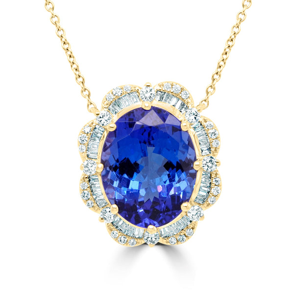 6.61Ct Tanzanite Necklace With 0.57Tct Diamonds Set In 14K Yellow Gold