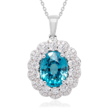 4.49ct Blue Zircon Pendant With 0.90tct Diamonds Set In 14kt White Gold
