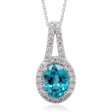 2.97ct Blue Zircon Pendant With 0.30tct Diamonds Set In 14kt White Gold