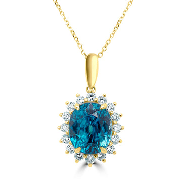 10.60Ct Blue Zircon Pendant With 0.69Tct Diamonds Set In 14K Yellow Gold