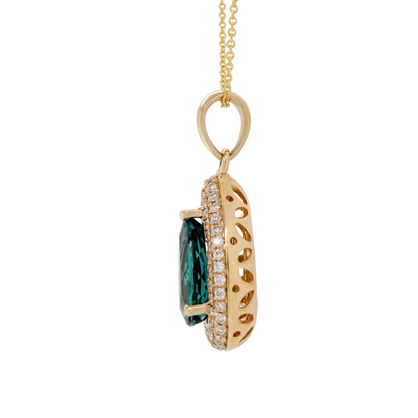 1.69ct Indicolite pendant with 0.33tct diamonds set in 14K yellow gold