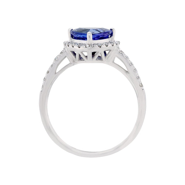 Trillion 2.16ct Tanzanite Ring With 0.38tct Diamond Halo In 14Kt White Gold