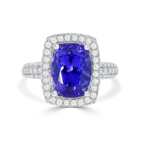 Cushion Cut 5.26Ct Tanzanite Ring With 0.87Tct Diamond Halo And Pave 14Kt White Gold Band
