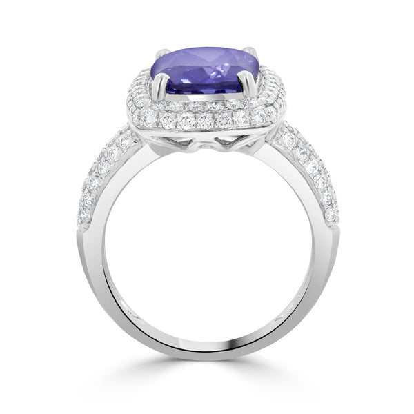 Cushion Cut 5.26Ct Tanzanite Ring With 0.87Tct Diamond Halo And Pave 14Kt White Gold Band