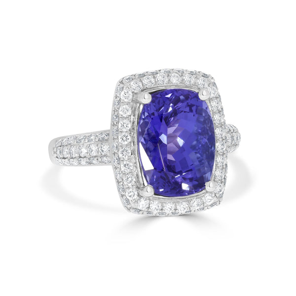 Cushion Cut 5.26Ct Tanzanite Ring With 0.87Tct Diamond Halo And Pave 14Kt White Gold Band