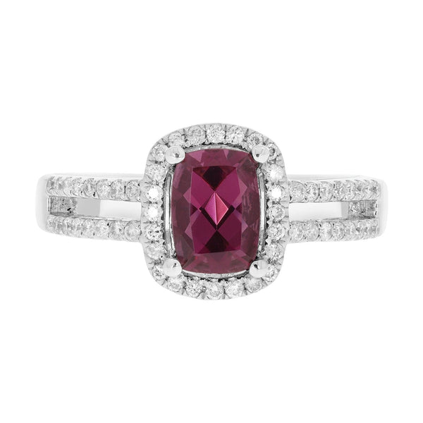 1.39ct Rhodolite ring with 0.29tct diamonds set in 14kt white gold
