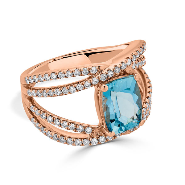 2.18ct Aquamarine ring with 0.70tct diamonds set in 14K rose gold