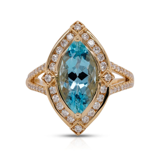 Marquise 1.97ct Aquamarine Ring Gwith 0.54tct Diamond Halo Pave Split Band In 14KT Yellow Gold