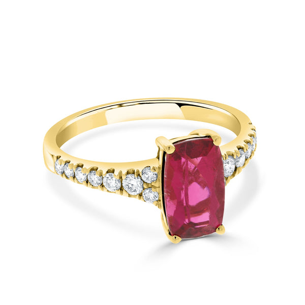 1.67ct Rubellite ring with 0.29tct diamonds set in 14kt yellow gold