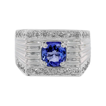 0.90ct Tanzanite Men's Ring 14K White Gold Ring With 0.42tct Diamond Accents