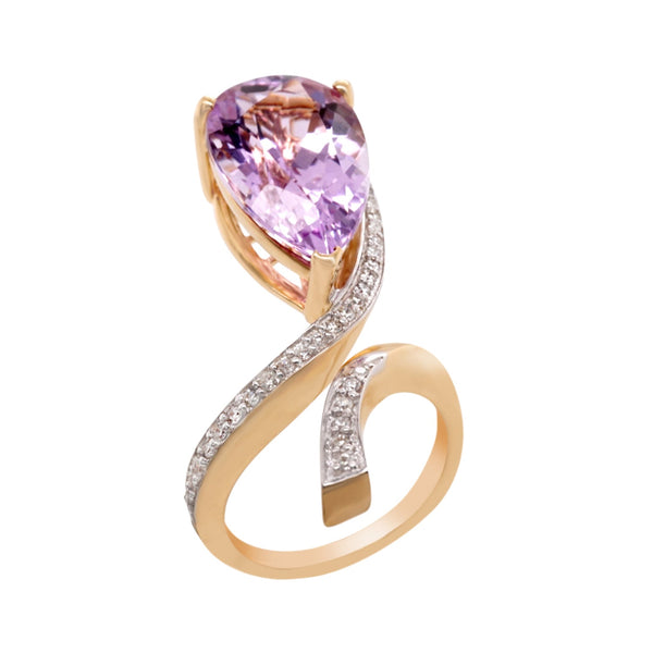 Tear Drop Pear Cut 10.5Ct Kunzite Ring With 0.27Tct Diamond Pave 14Kt Yellow Gold Band
