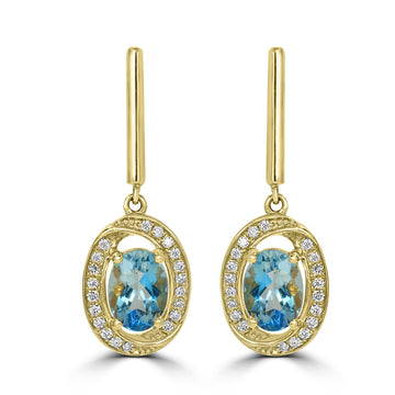 1.42ct  Aquamarine Earrings with 0.15tct Diamond set in 14K Yellow Gold
