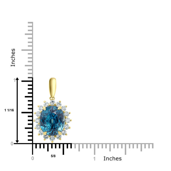 10.60Ct Blue Zircon Pendant With 0.69Tct Diamonds Set In 14K Yellow Gold