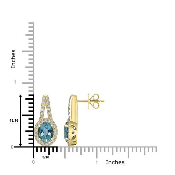 2.18ct  Aquamarine Earrings with 0.63tct Diamond set in 14K Yellow Gold