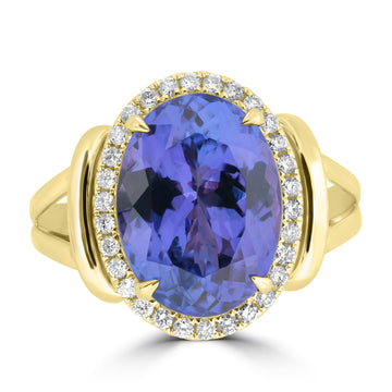 6.45ct Tanzanite Rings with 0.23tct Diamond set in 18K Yellow Gold
