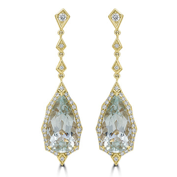 12.43tct Aquamarine Earrings with 0.97tct Diamond set in 18K Yellow Gold