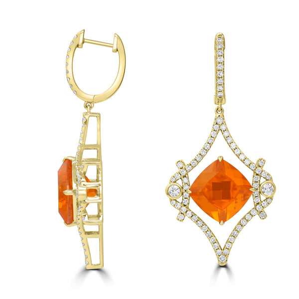 9.74tct Fire Opal Earrings with 1.68tct Diamond set in 18K Yellow Gold