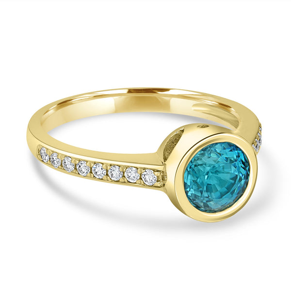 2.3ct Blue Zircon Ring with 0.16tct Diamonds set in 14K Yellow Gold