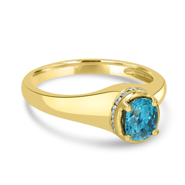 1.69ct Blue Zircon Ring with 0.13tct Diamonds set in 14K Yellow Gold