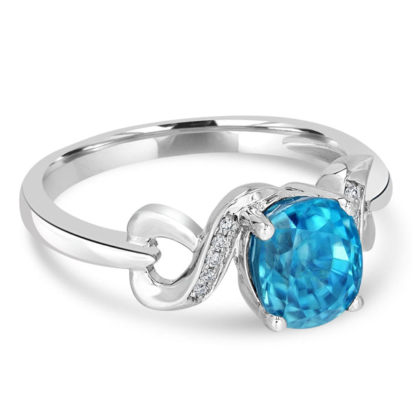 3.1ct Blue Zircon Ring with 0.03tct Diamonds set in 14K White Gold