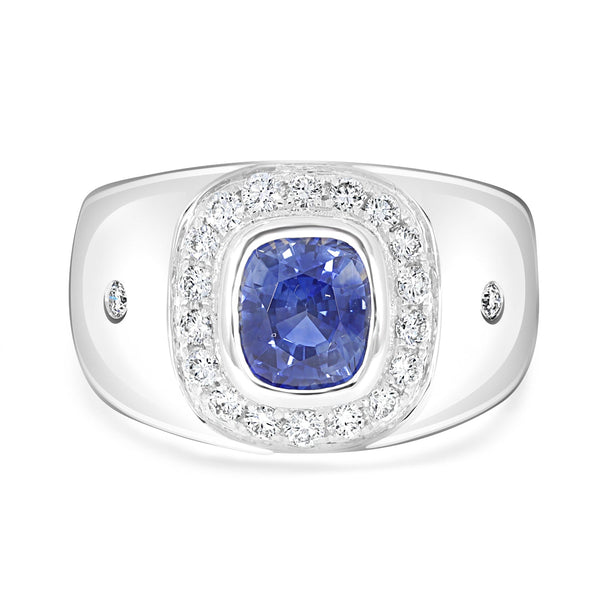 2.45ct Sapphire Men Ring with 0.61ct Diamonds set in 14K White Gold