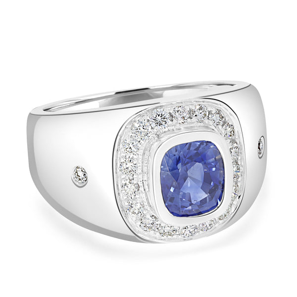 2.45ct Sapphire Men Ring with 0.61ct Diamonds set in 14K White Gold