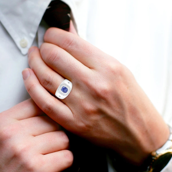 2.45ct Sapphire Men Ring with 0.61ct Diamonds set in 14K White Gold