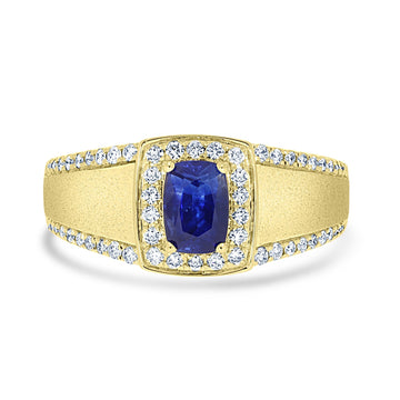 1.09ct Sapphire Men Ring with 0.43tct Diamond set in 14K Yellow Gold