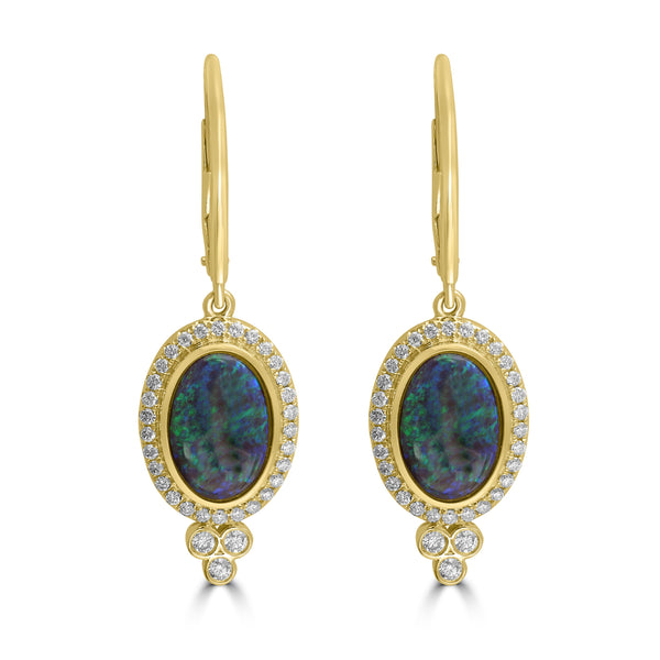 2.46ct Black Opal Earrings with 0.43tct Diamond set in 18K Yellow Gold