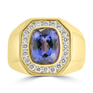 4.04ct Tanzanite Rings with 0.635tct Diamond set in 18K Yellow Gold