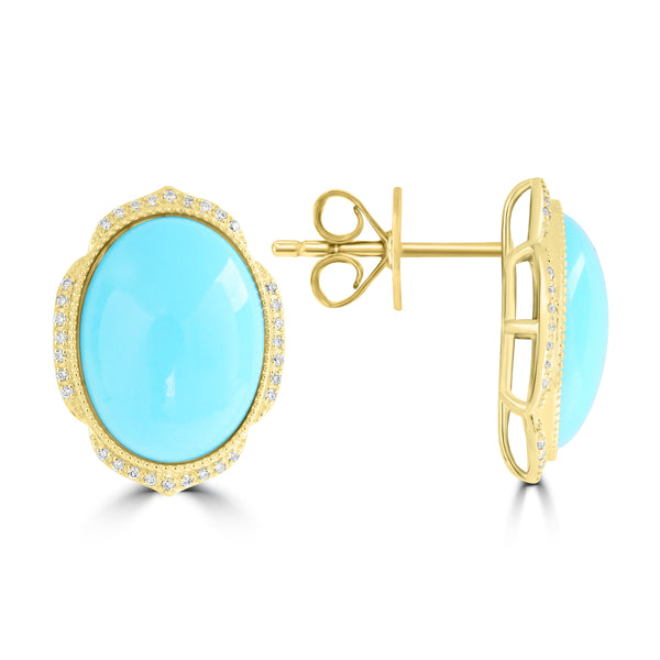 11.25ct Turquoise Earrings with 0.161tct Diamond set in 14K Yellow Gold