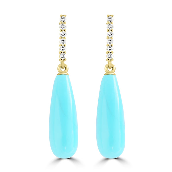 6.14ct Turquoise Earrings with 0.092tct Diamond set in 14K Yellow Gold