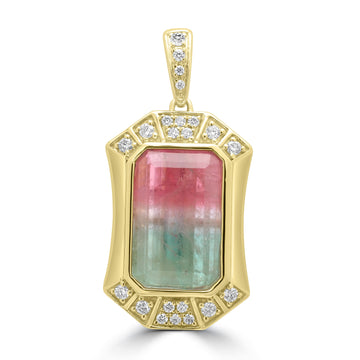 7.29ct Water Melon Tourmaline Pendants with 0.212tct Diamond set in 18K Yellow Gold