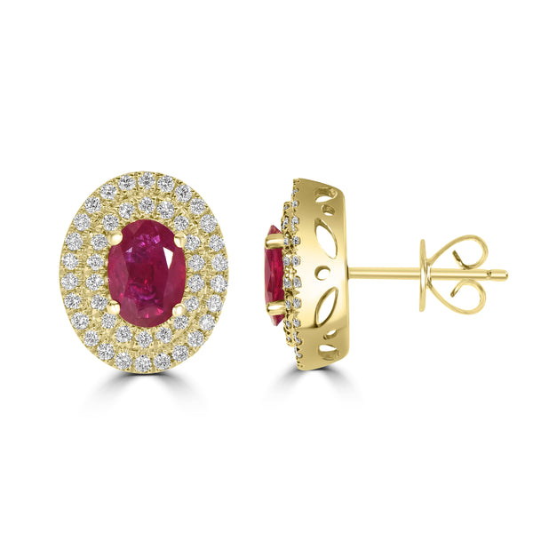 1.56ct Ruby Earrings with 0.48tct Diamond set in 14K Yellow Gold